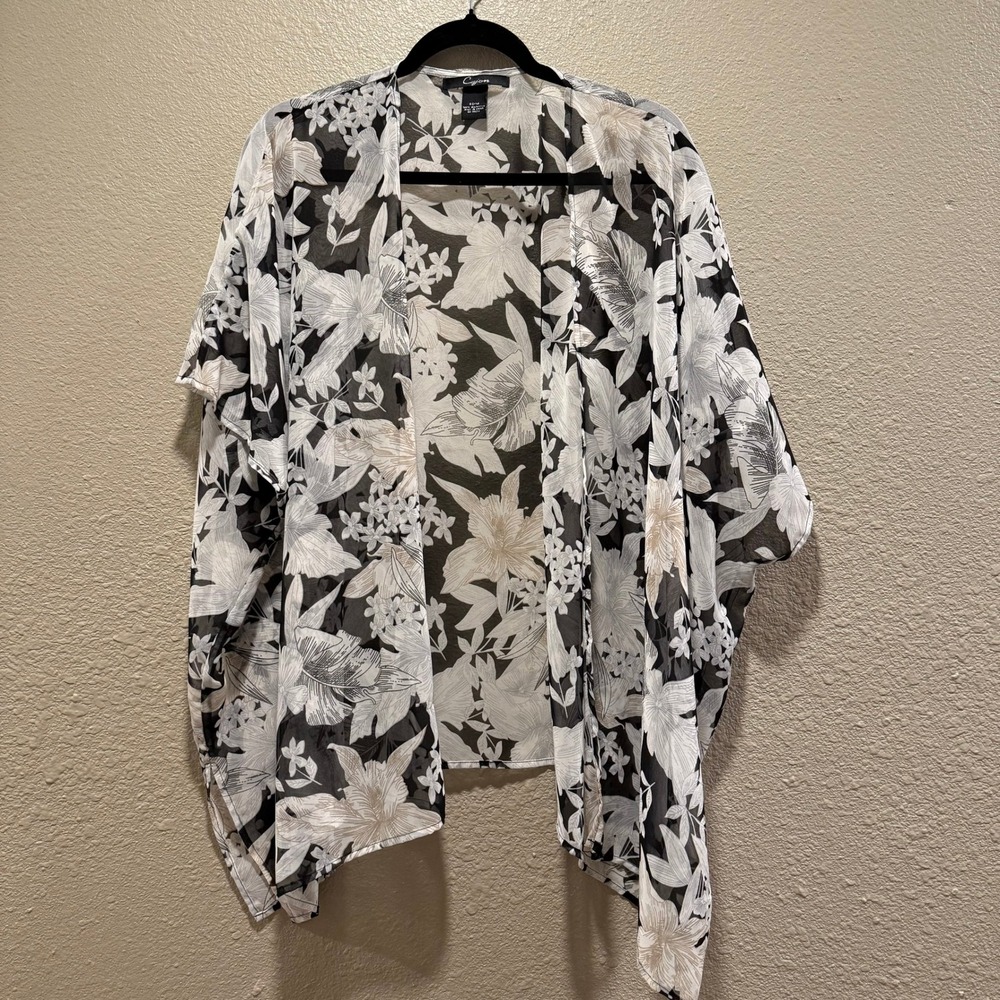 Cejon Kimono Wrap Women OSFM Black White Floral Sheer Chiffon Open Front Coverup